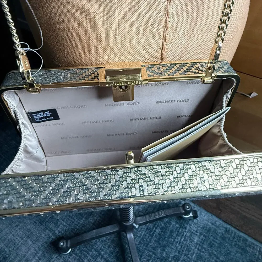 Michael Kors Box Clutch Crossbody Metallic Snake Embossed Gold Chain Evening Bag